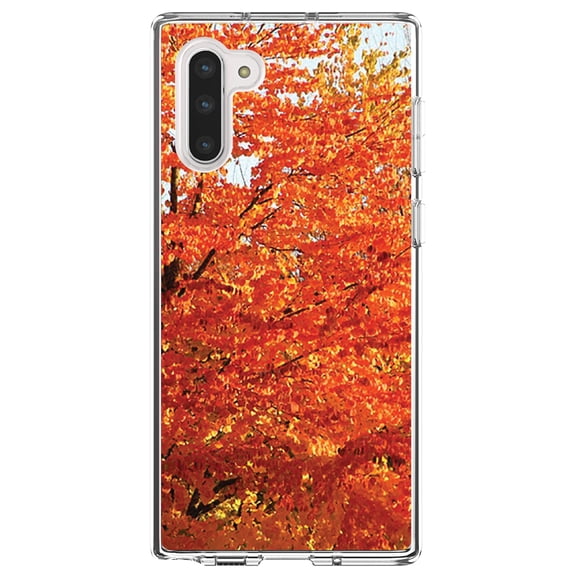 DistinctInk Clear Shockproof Hybrid Case for Samsung Galaxy Note 10 (6.3" Screen) - TPU Bumper, Acrylic Back, Tempered Glass Screen Protector - Orange Autumn Leaves