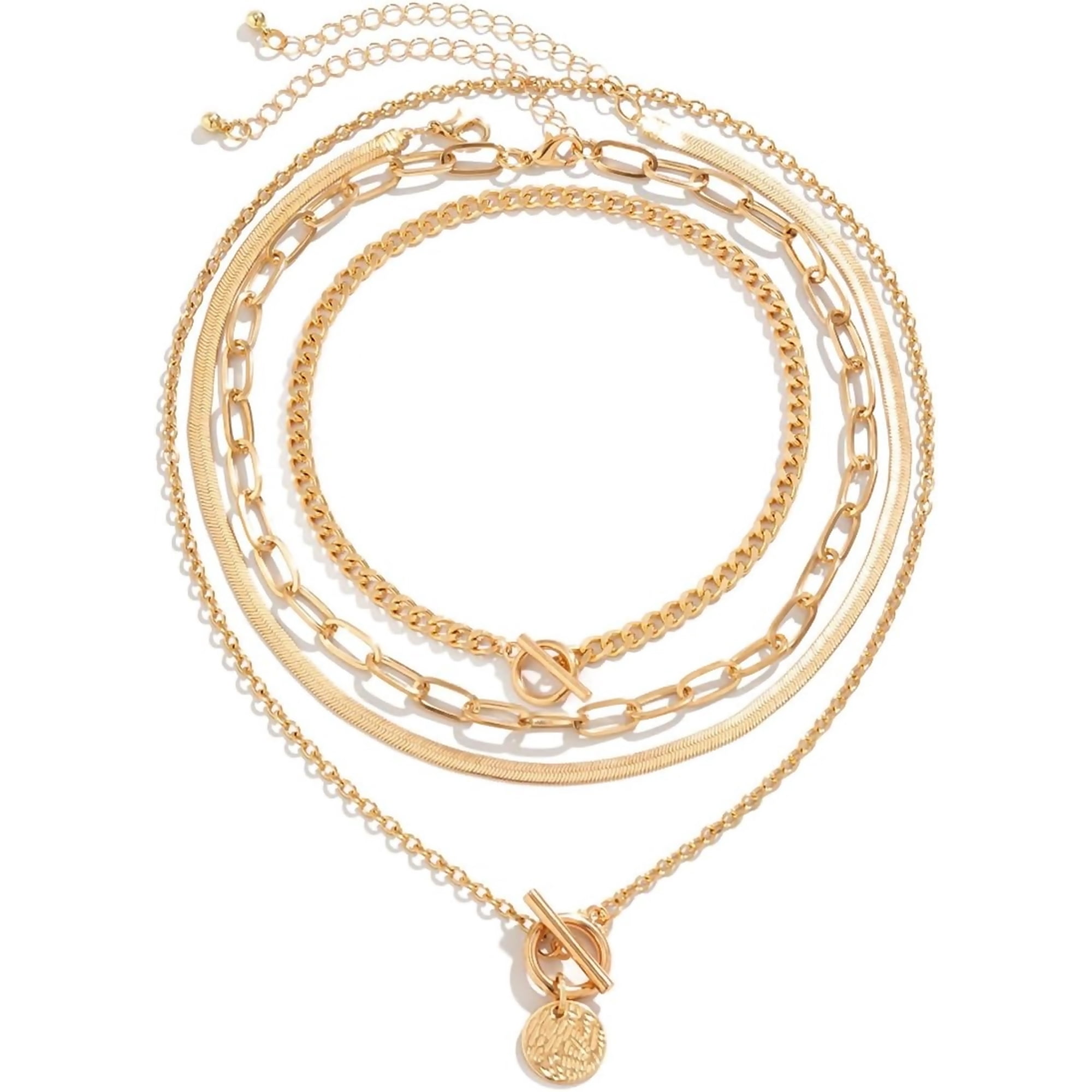 Zephyriana Layered Gold Necklaces Stack for Women Chunky Gold Necklace Crystal Pendant Chain Necklace Retro Coin Medallion Pendant Dainty Cuban Chain Toggle Clasp Jewelry