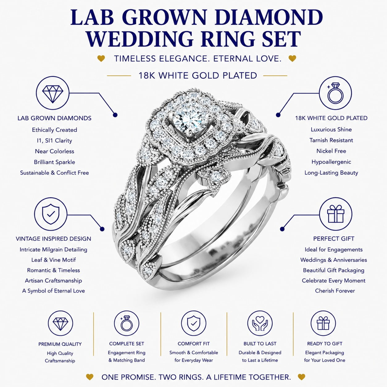 JeenMata Round Cut Lab Grown Diamond - Art Deco Style - Wedding Ring Set in 18K White Gold Plating for Women