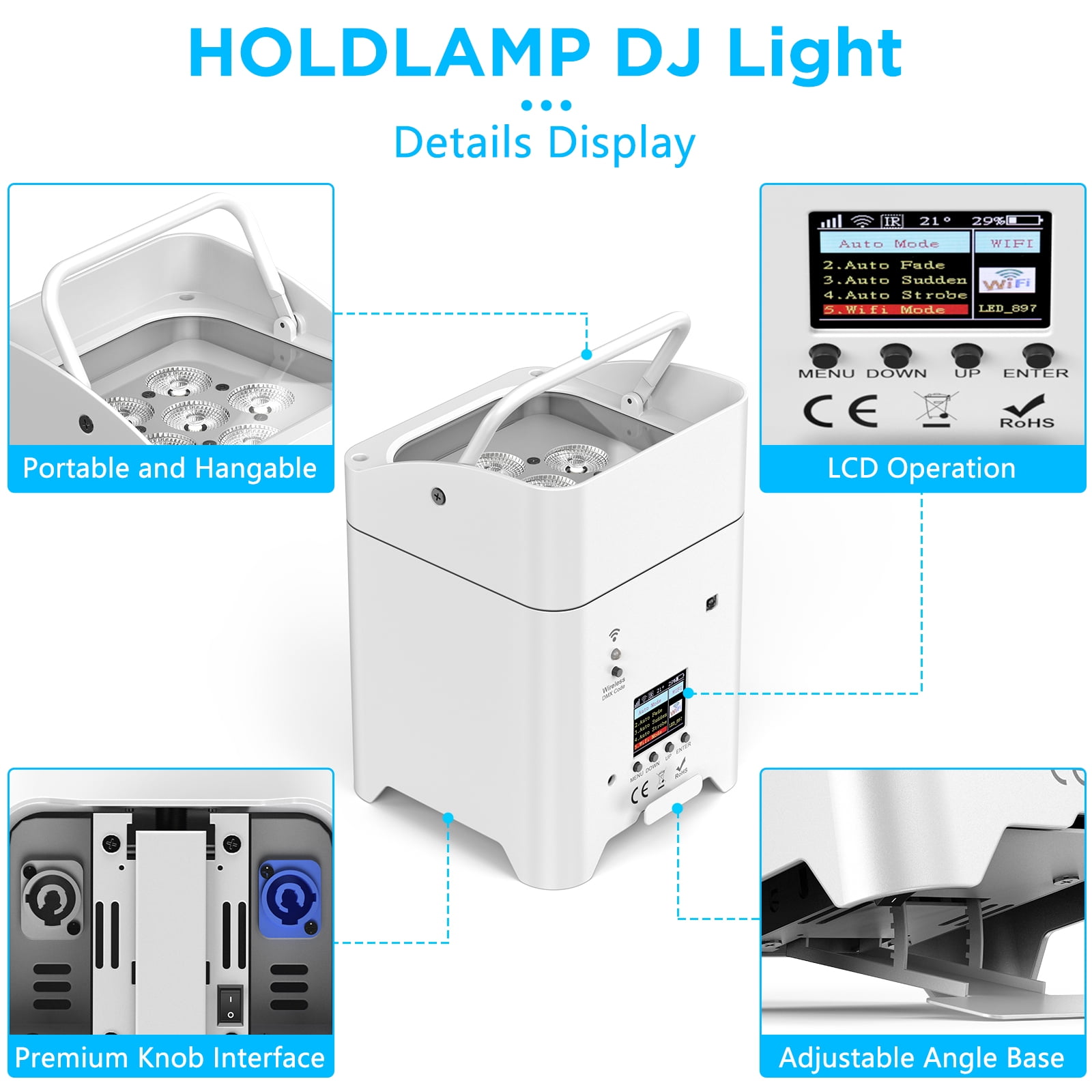 4Pack 108W Battery LED Par Spotlight Rechargeable RGBWA+UV WiFi/DMX/APP Stage Light w/ 1 Bag, White