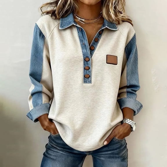 Lightweight Sweaters for Women Long Sleeve Button Up Collared Sweaters with Denim Collar Vintage Outfits