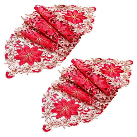 

2X Christmas Embroidered Table Runner Hollow-Out Tea Tablecloth 15X70 Inch