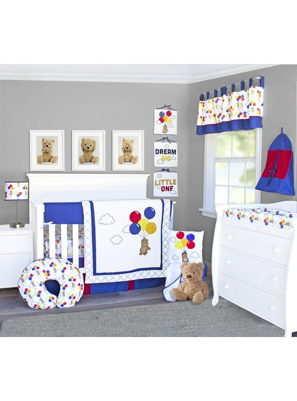 Teddy Bear and Balloons Yellow, Blue, and Red 9 Piece Baby Crib Bedding Set by Pam Grace Creations