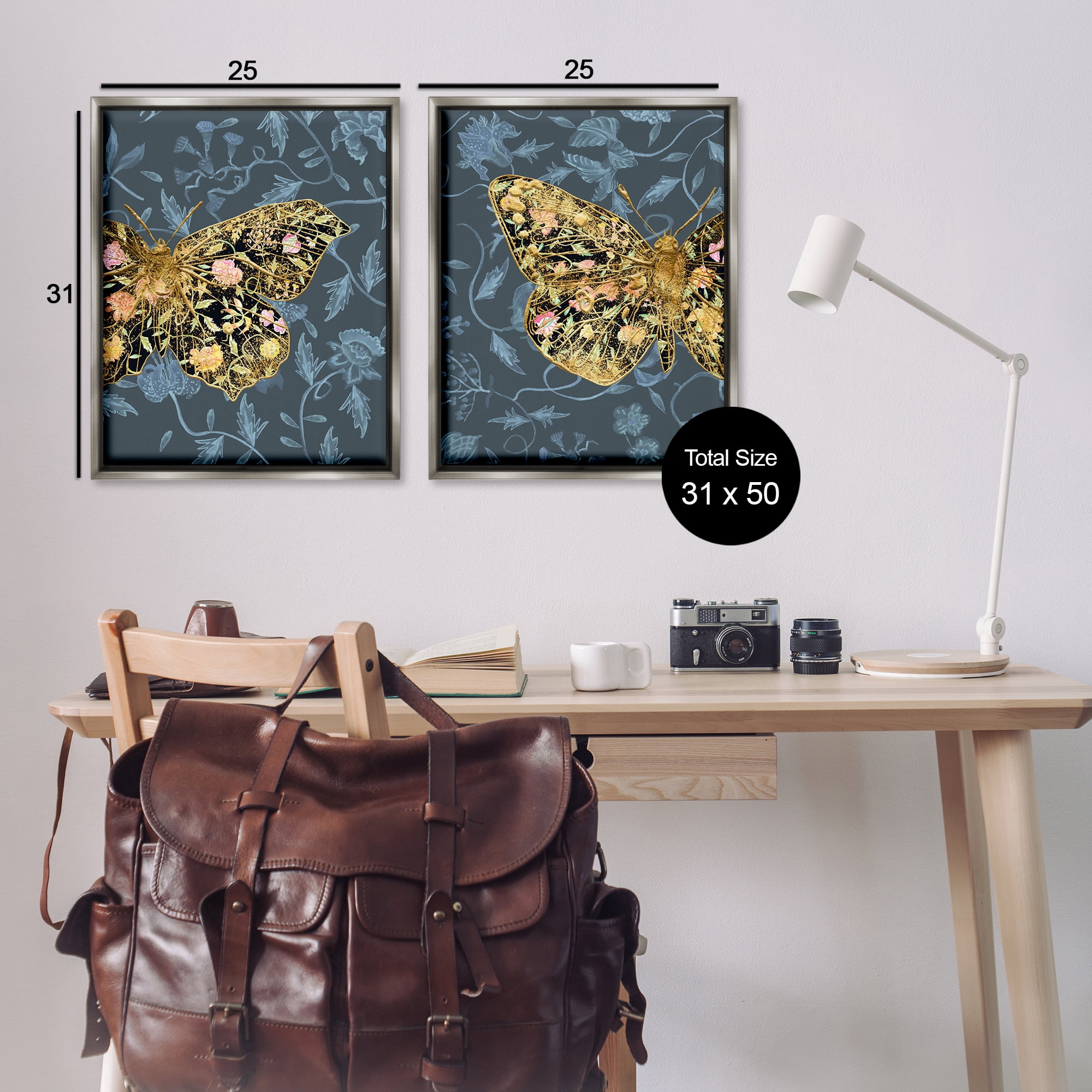 Stupell Industries Gold Winged Black Moth Floral Animals Painting Gray Floater Framed Canvas Art Print Wall Art, 31 x 25, Set of 2