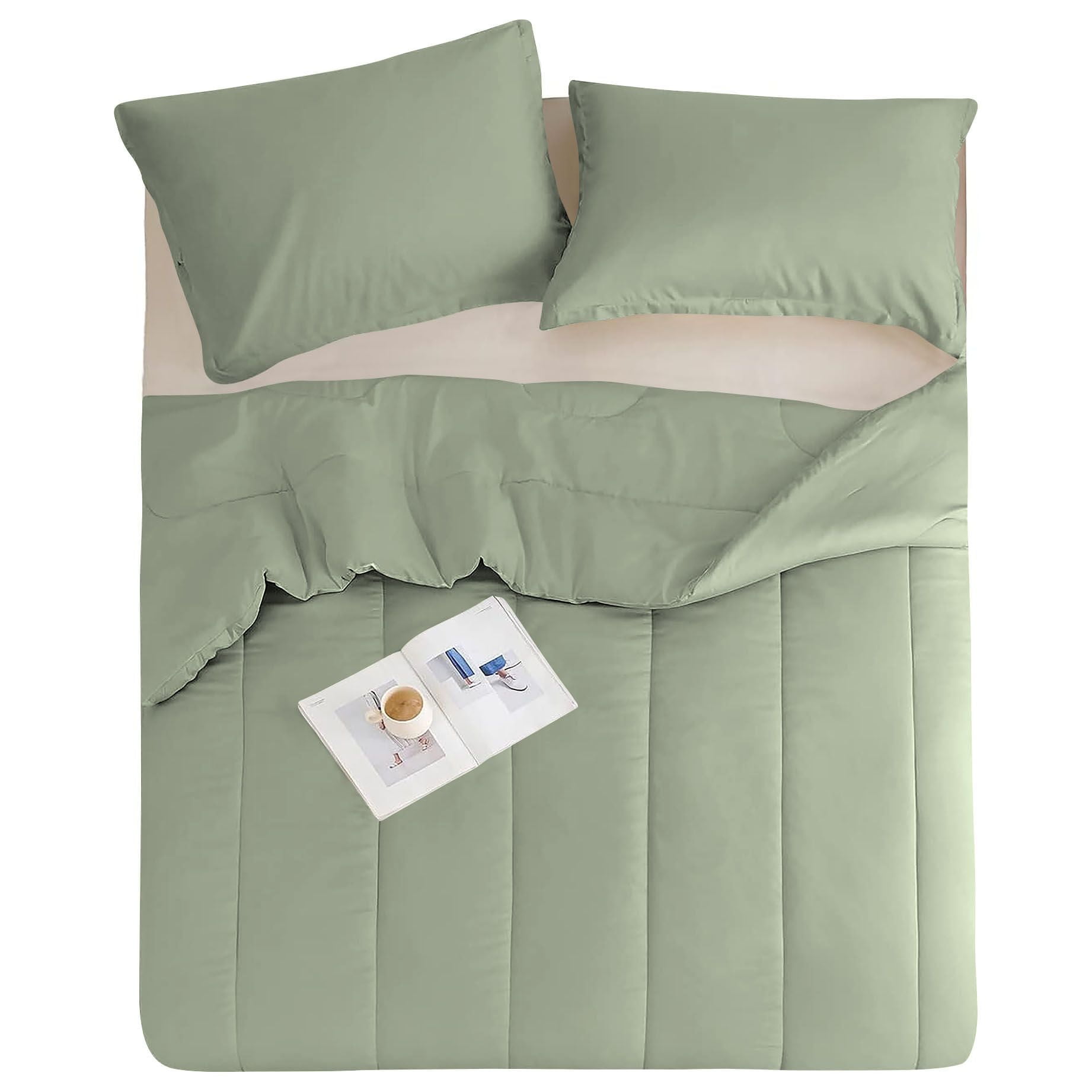3 Piece Luxury Thicker Pattern Comforter Set, 800 TC, 100% Egyptian Cotton, King/California King Size Light Sage Solid Color