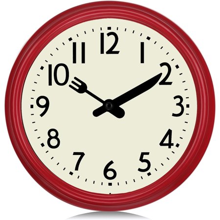 Retro Silent Kitchen Wall Clock with Knife & Fork Hands, 9.5 Inch Small Vintage Red Wall Clocks Battery Operated for Kitchen Décor