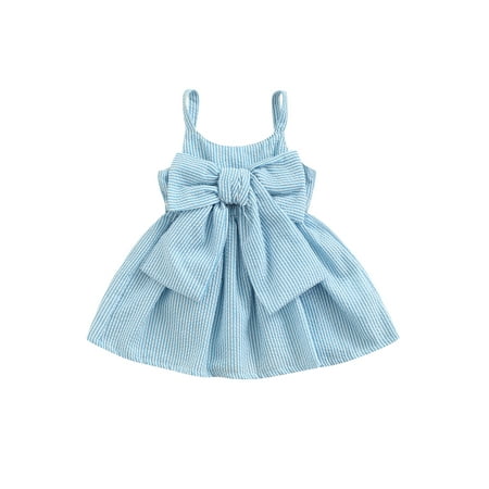 

Canrulo Summer Lovely Infant Baby Girls Dress Striped Big Bowknot Strap Sleeveless A-Line Mini Sundress Blue 12-18 Months