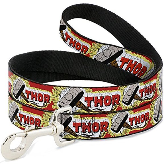 Marvel Comics Pet Leash, Dog Leash, Thor Hammer Red Yellow White, 6 Feet Long 0.5 Inch Wide