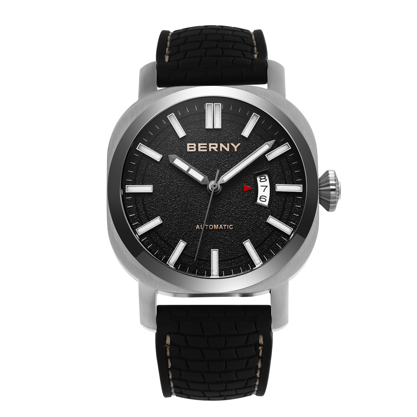 BERNY Automatic Watch for Men, Sport 10ATM Waterproof Mechanical Watch with Silicone Strap, Date Calendar, Super Luminous, Sapphire Glass, Fashion Men's Diver Wristwatch, Black