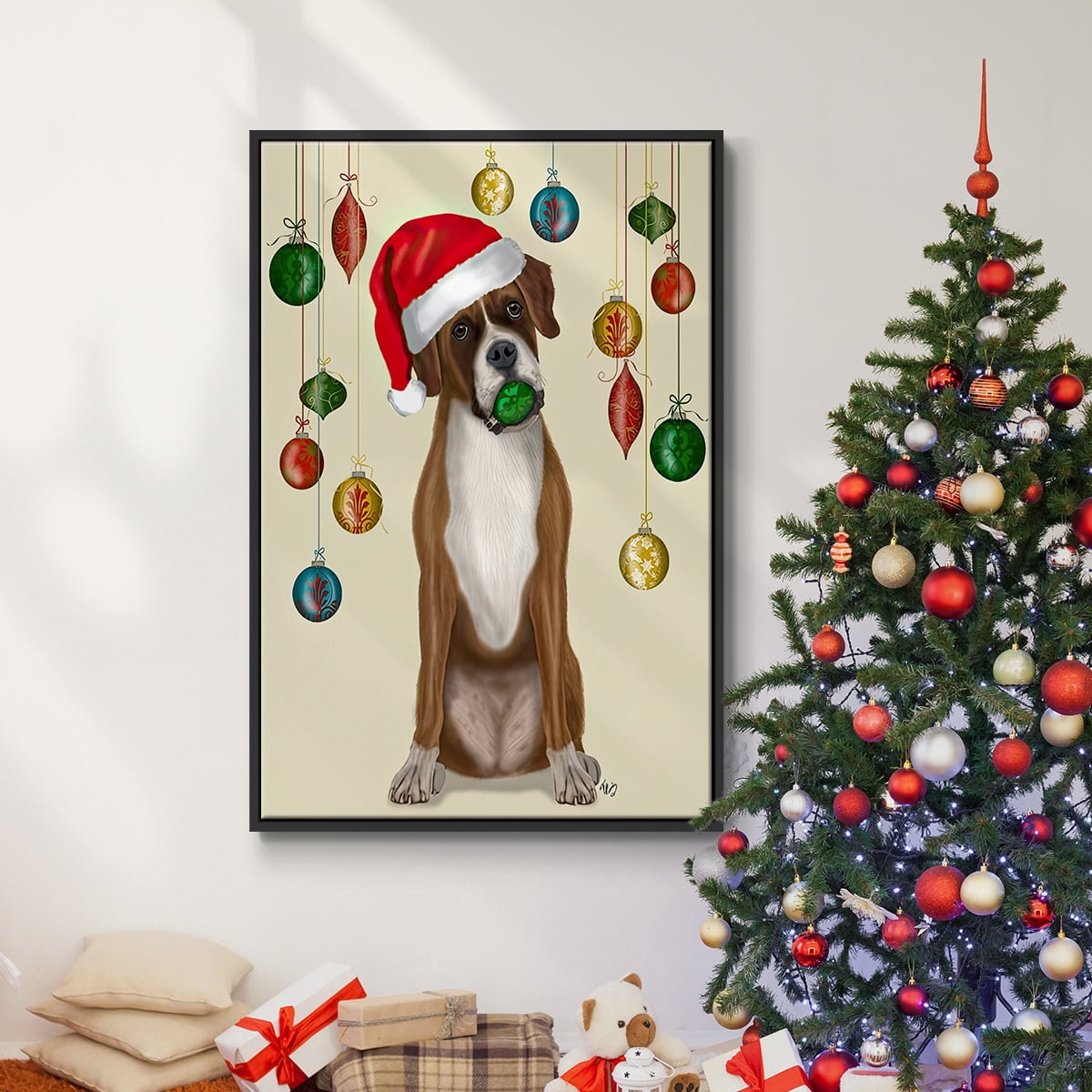 Christmas Boxer and Bauble Ball - Framed Gallery Wrapped Holiday Canvas - 17 x 25 - Black Frame