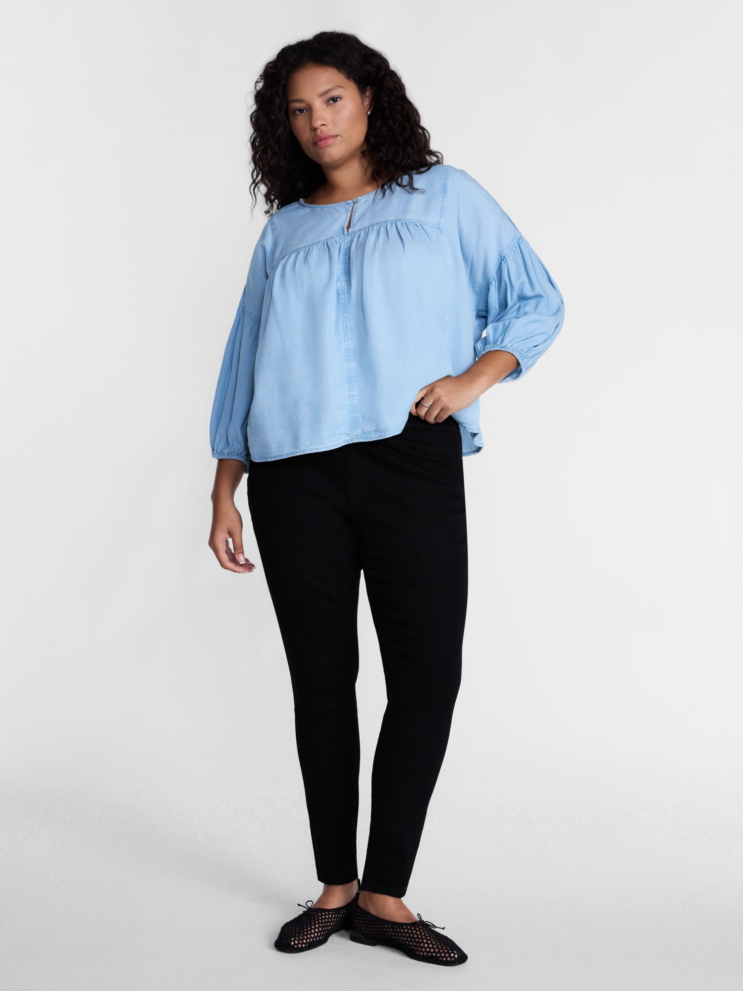 Terra & Sky Pleated Keyhole Front Blouse with Long Puff Sleeves, Sizes 0X-5X