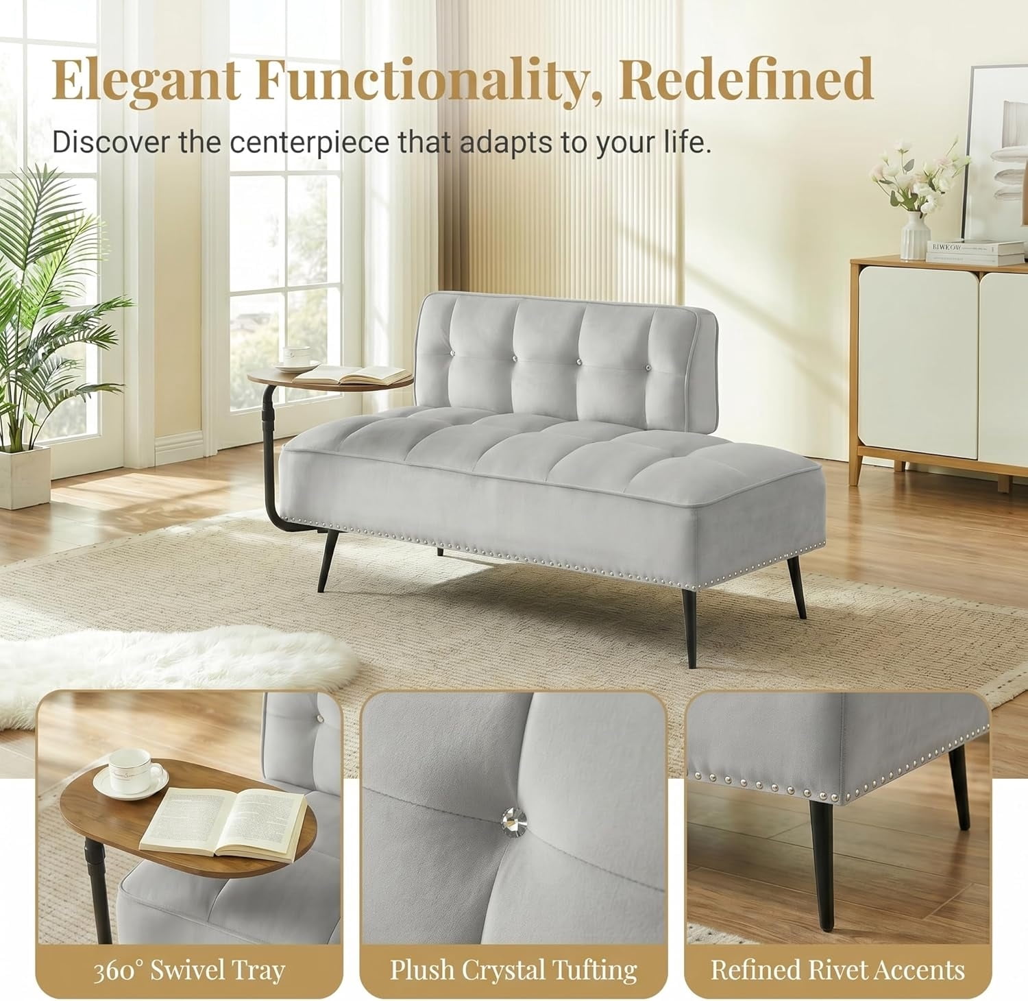 MOONMISS 54 inch 2-Seater Velvet Sofa with 360 Rotating Side Table Space Saving Multi Use Bench Office Living Room Apartment,Gray