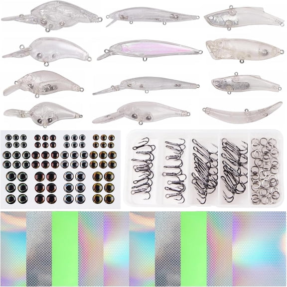 Unpainted Fishing Lures Making Kit, 166pcs Fishing Lure Blanks Treble Hooks 4D Eyes Stickers Split Rings Set DIY Fishing Lure Making Supplies Hard Plastic Crankbait Minnow Bodies