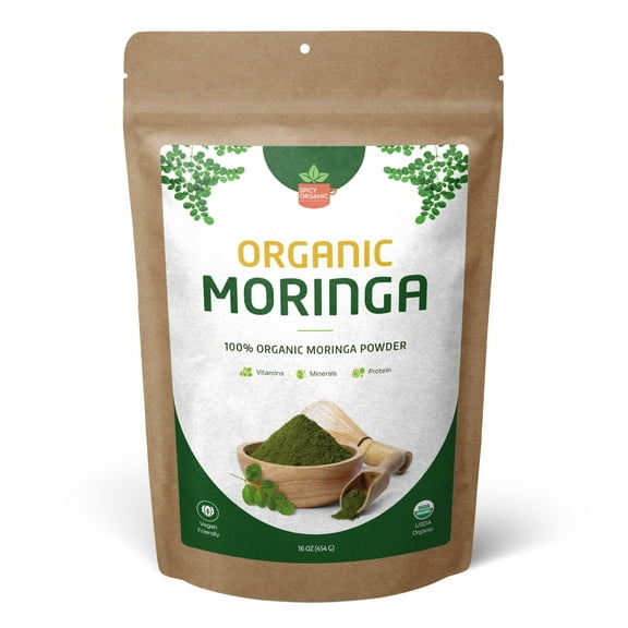 SPICY ORGANIC Moringa Powder (Moringa Oleifera) - 100% USDA Organic- Non- GMO Moringa Leaves Powder. Perfect for Use in Smoothies, Oatmeal, Tea, and a Myriad of Other Culinary Creations - 16 Oz.