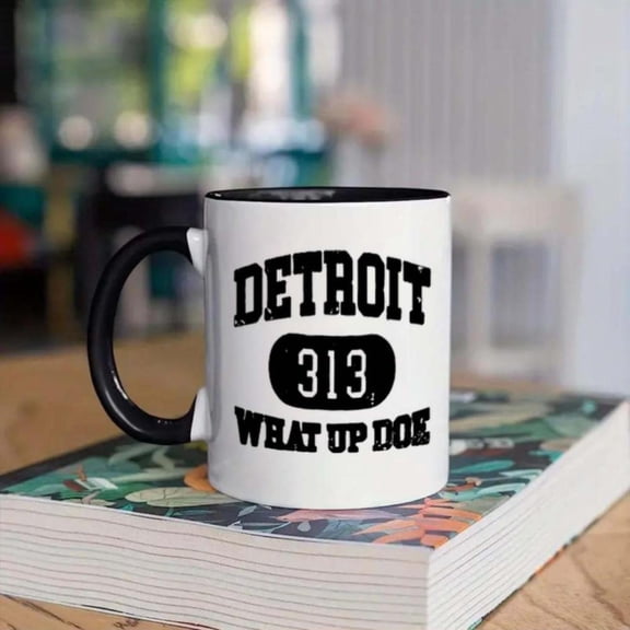 1pc Detroit 313 What Up Doe Mug 11oz Ceramic Coffee Cup with Bold Black Design Holiday Birthday Christmas or Summer Gifts Hand Wash Only Coffee Bar Accessories