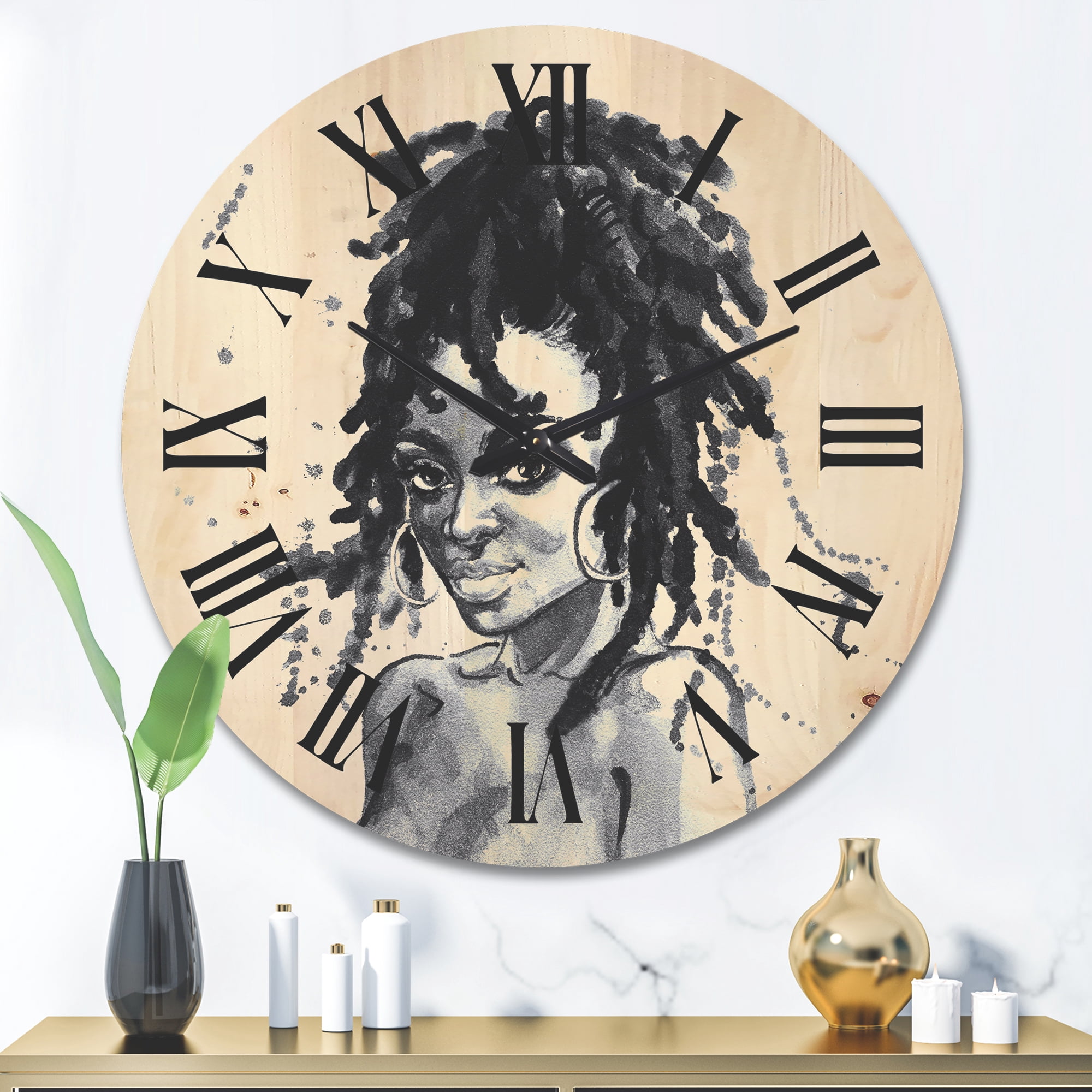 Designart 'Black and White Portrait of African American Woman II' Modern Wood Wall Clock