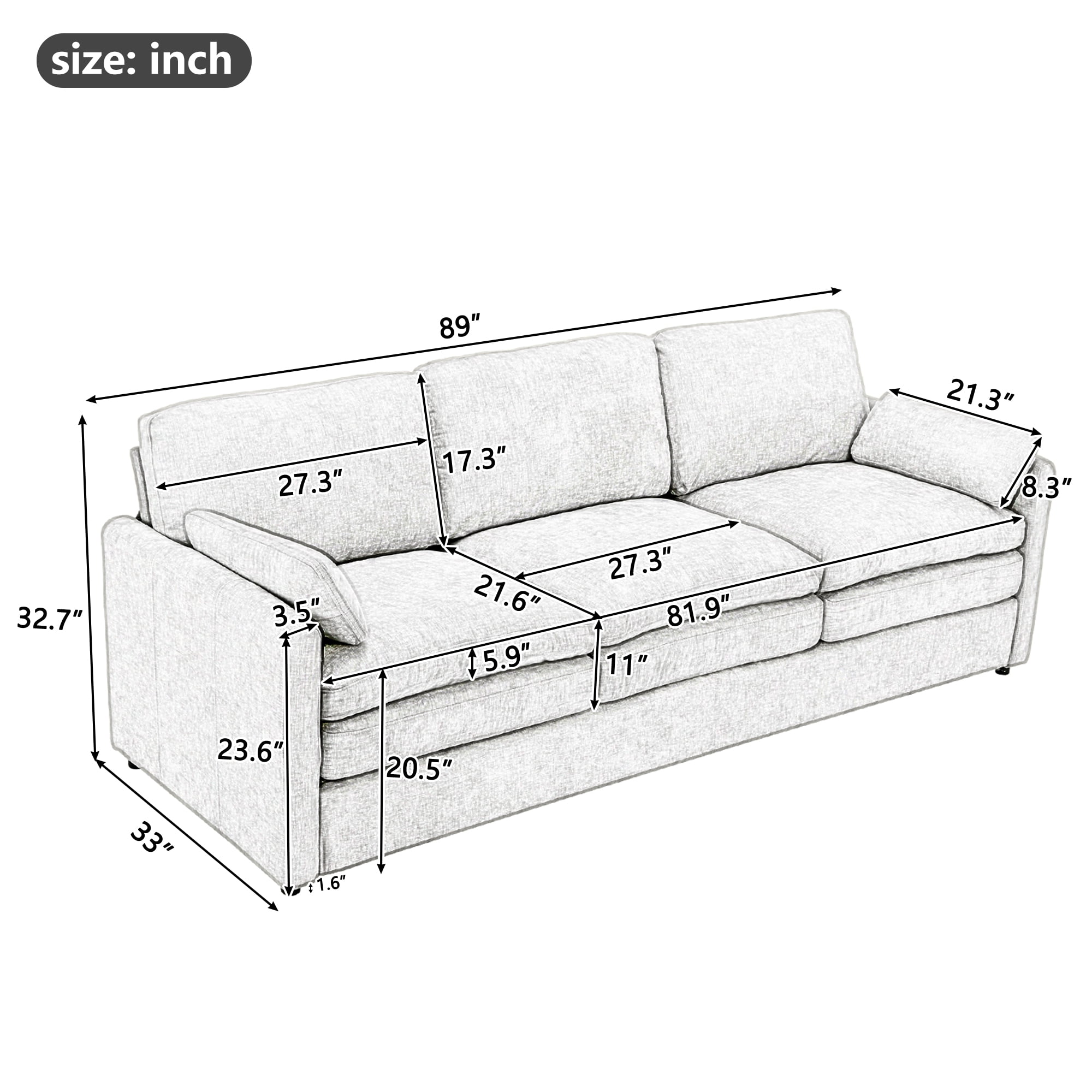 Euroco Modern 3-Seater Chenille Sofa with Double-Layered Cushions, Ergonomic Armrests & Detachable Lumbar Pillows, Upholstered Couch for Living Room or Office