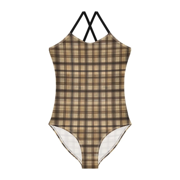 FORMRS Girls One Piece Swimsuit Sleeveless Stretch Beach Cross Back Swimwear, Sizes 3T-10T, Caramel Plaid Pattern