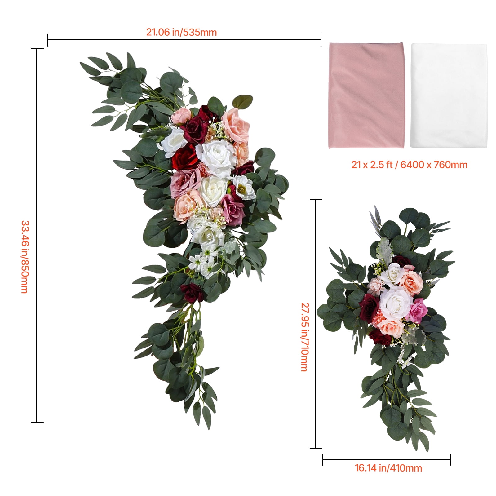 VEVOR Artificial Wedding Arch Flowers Kit, Pink Wedding Arch Flowers with Drapes Kit (Pack of 4) - 2 Pcs Floral Arrangement, 2 Pcs Sheer Drapes, for Ceremony Bouquets Reception Backdrop Decoration