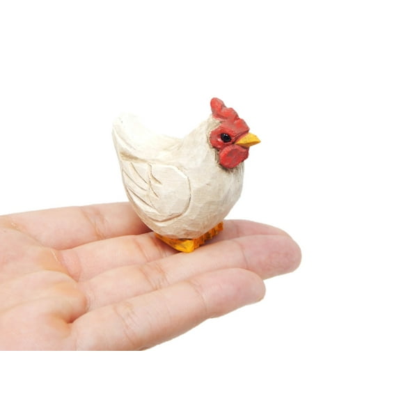 White Hen Wooden Carving - Miniature, Hand-Made, Small Chicken, Cute Animal Figurine
