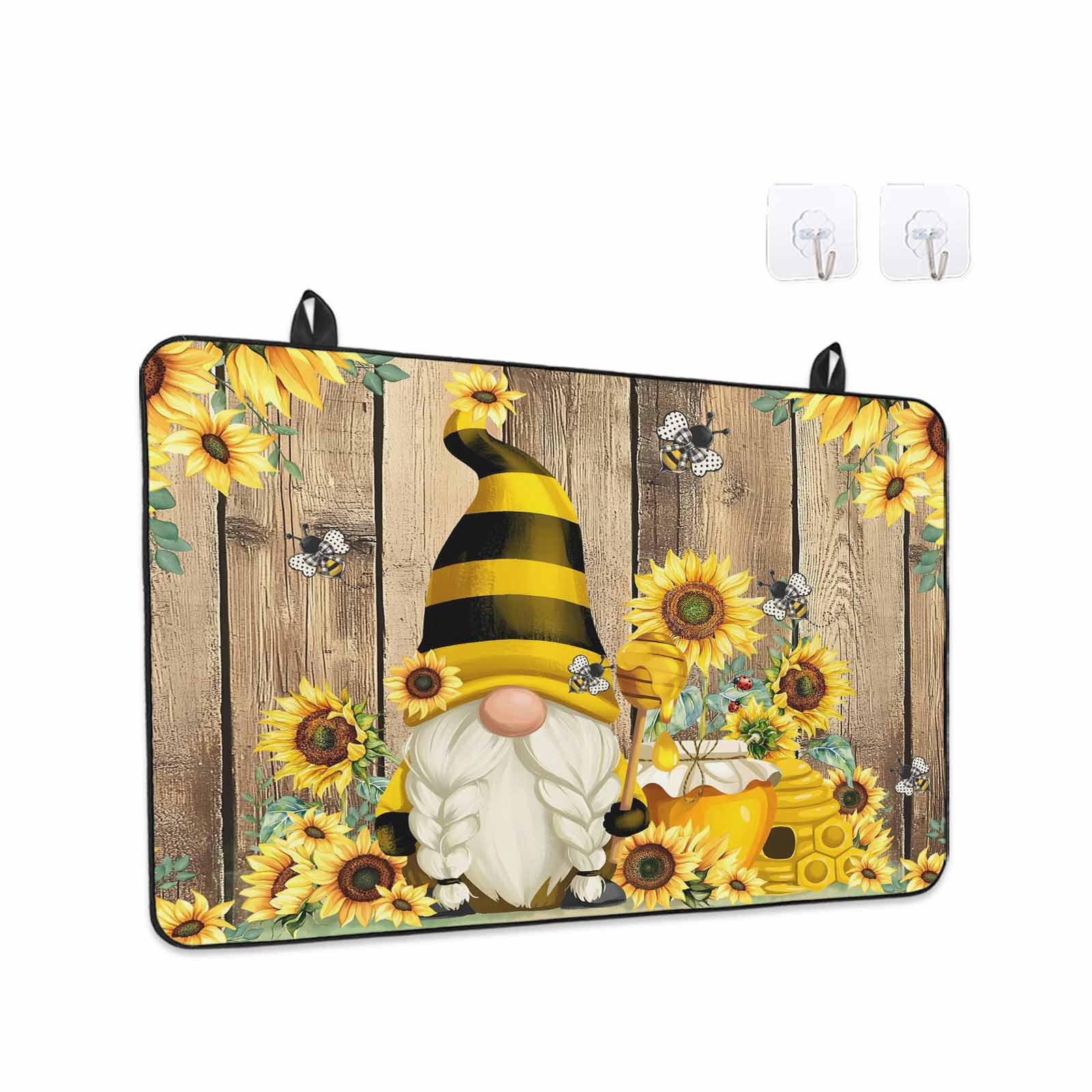 Yellow Sunflower Stove Top Cover for Electric Stove, Heat-proof & Non Slip Glass Top Stove Cover Protector, Farmhouse Wood Grain Bees Gnomes Kitchen Flat Cooktop Rubber Mat 36x21 Inches