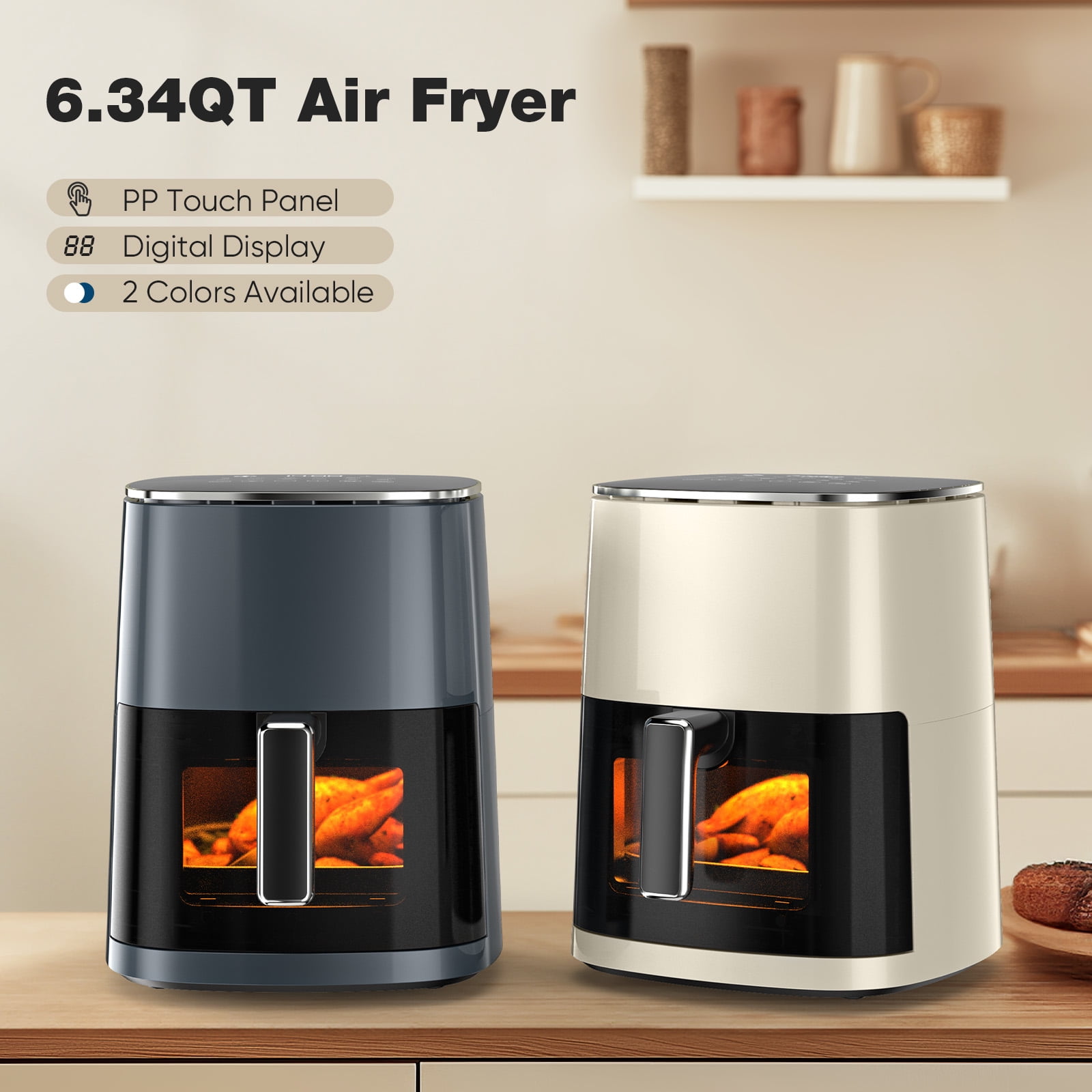 Mayoume 6 Qt Air Fryer - 12-in-1 Touch Screen Presets, Roast, Bake, Air Fry, Roast, Dehydrates, Fries, Frozen Food, Veggies and Juicy Meat, Less Oil, Easy Meals, Steam with 400F, Grey