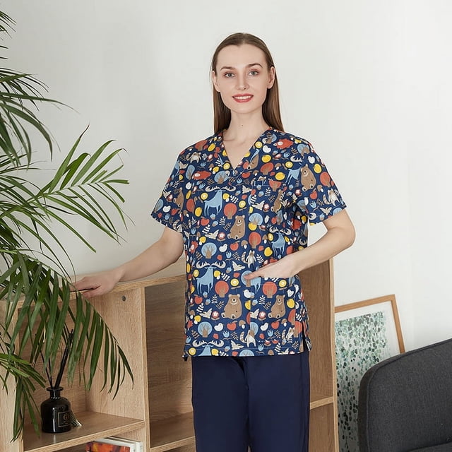 Uniforme de enfermera con estampado de dibujos animados para mujer, camiseta de manga corta con cuello en V, bata quirúrgica, uniforme de trabajo para hombre