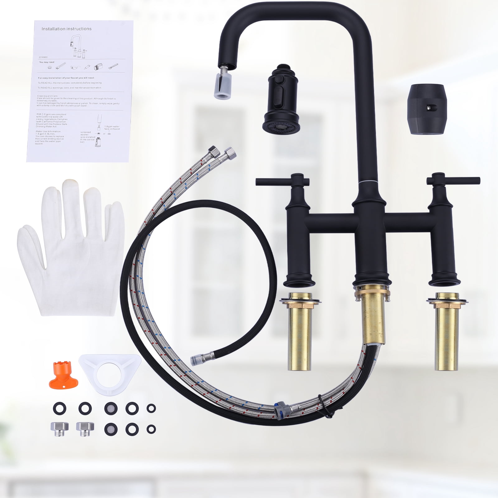Double Handle Bridge Kitchen Faucet with Advanced Spray in Black