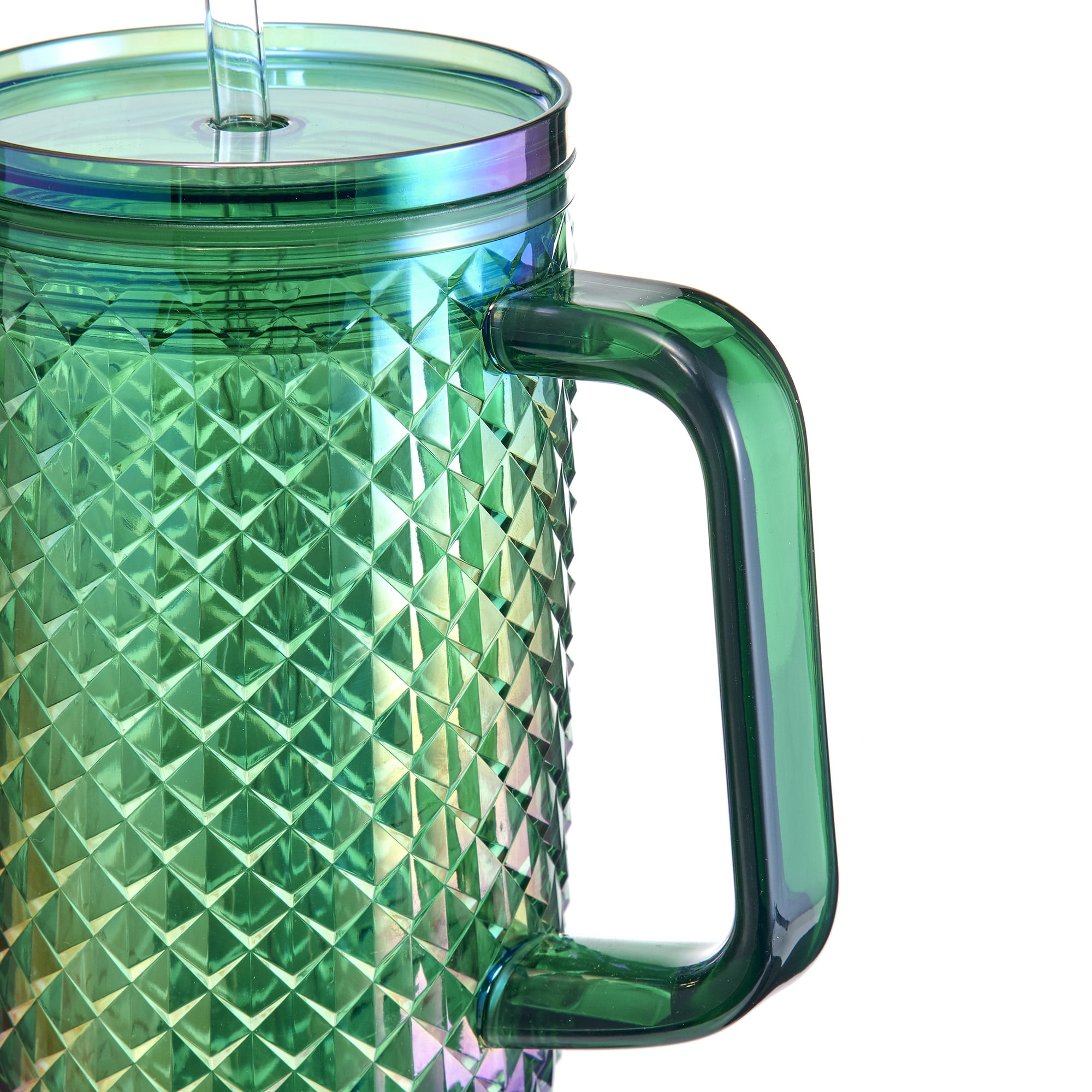 Mainstays 30oz Textured Tumbler with Straw and Handle, Diamond Iridescent Green, 30oz, Plastic Double Wall Insulated