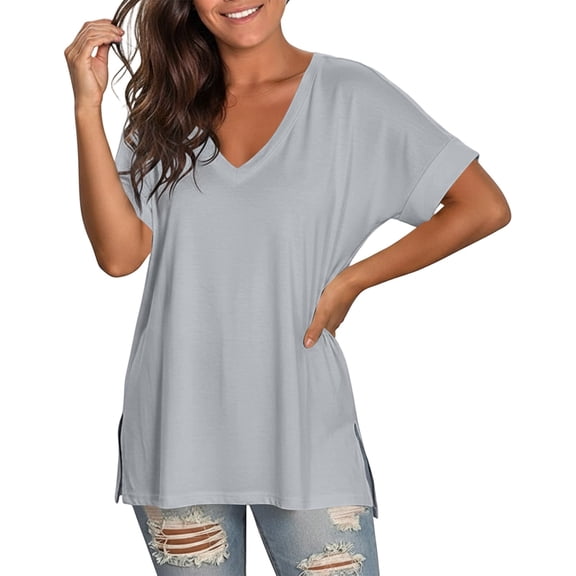 oqasdz Women's T Shirts V Neck Short Sleeve Solid Color Side Slit Loose Soft Breathable Tee Top for Daily Homewear Casual Summer Tshirt