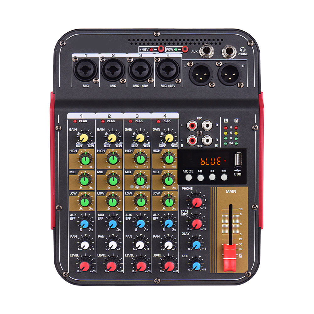 TM4 Digital 4-Channel Audio Mixer Mixing Console Built-in 48V Phantom Power with BT Function Professional System for Studio Recording Broadcasting DJ Network Live