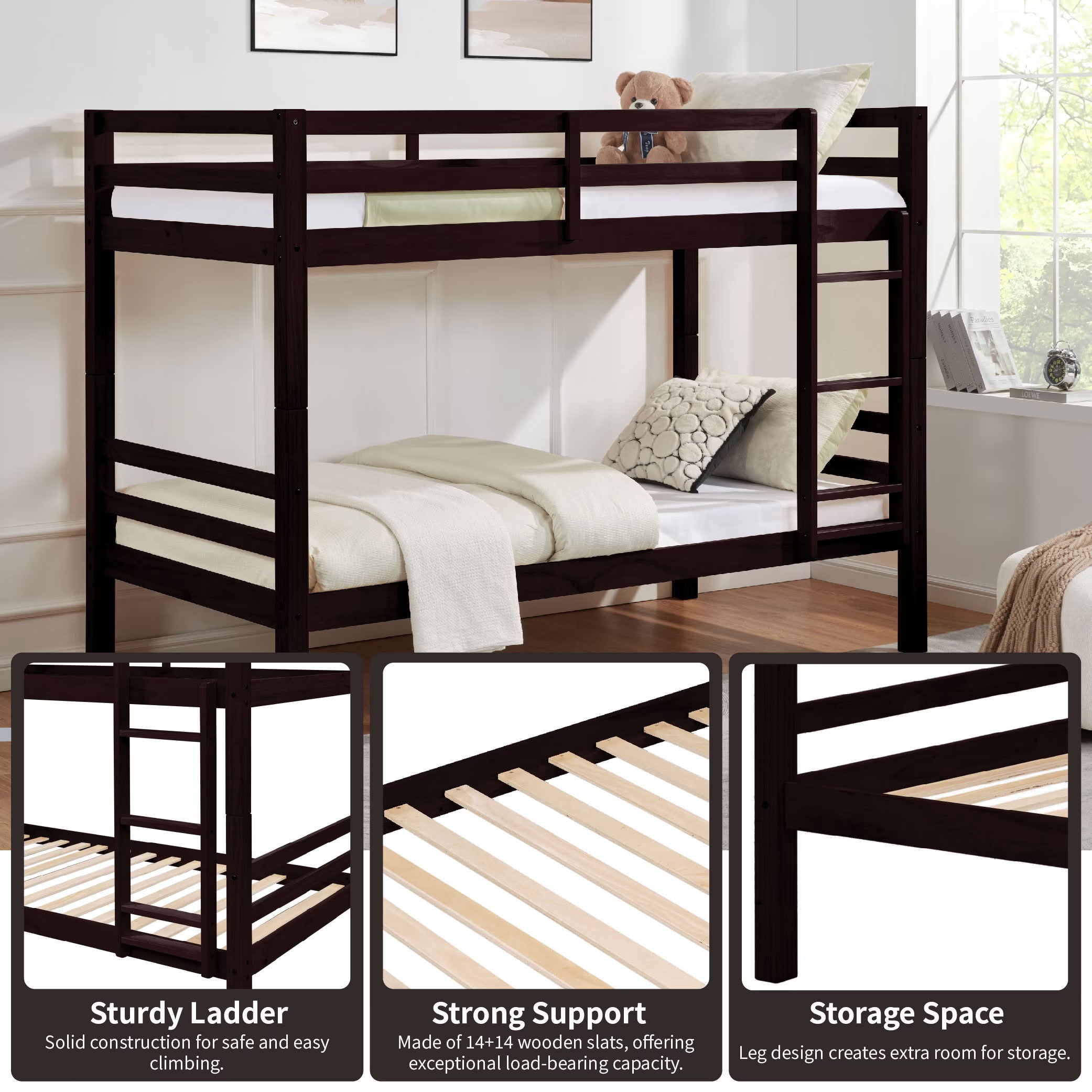 MAYEERTY Twin over Twin Wooden Bunk Bed with High Guardrail and Ladder, Heavy Duty Slat Support for Kids Teens Dorm Rooms Guest Rooms, No Box Spring Needed