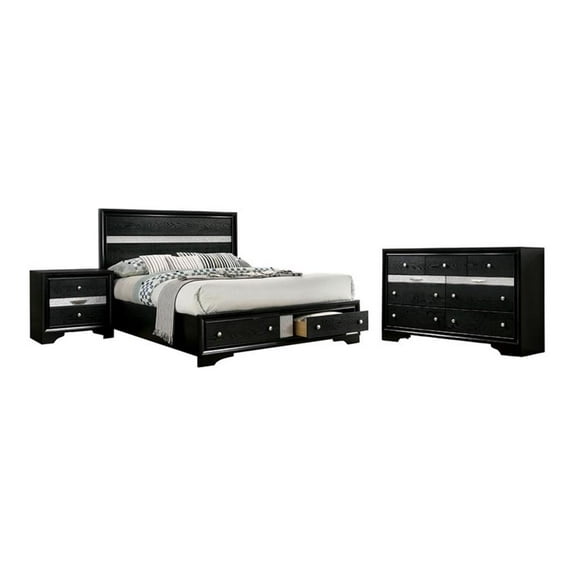 FOA Laren 3-Piece Black Wood Bedroom Set - King Nightstand Dresser