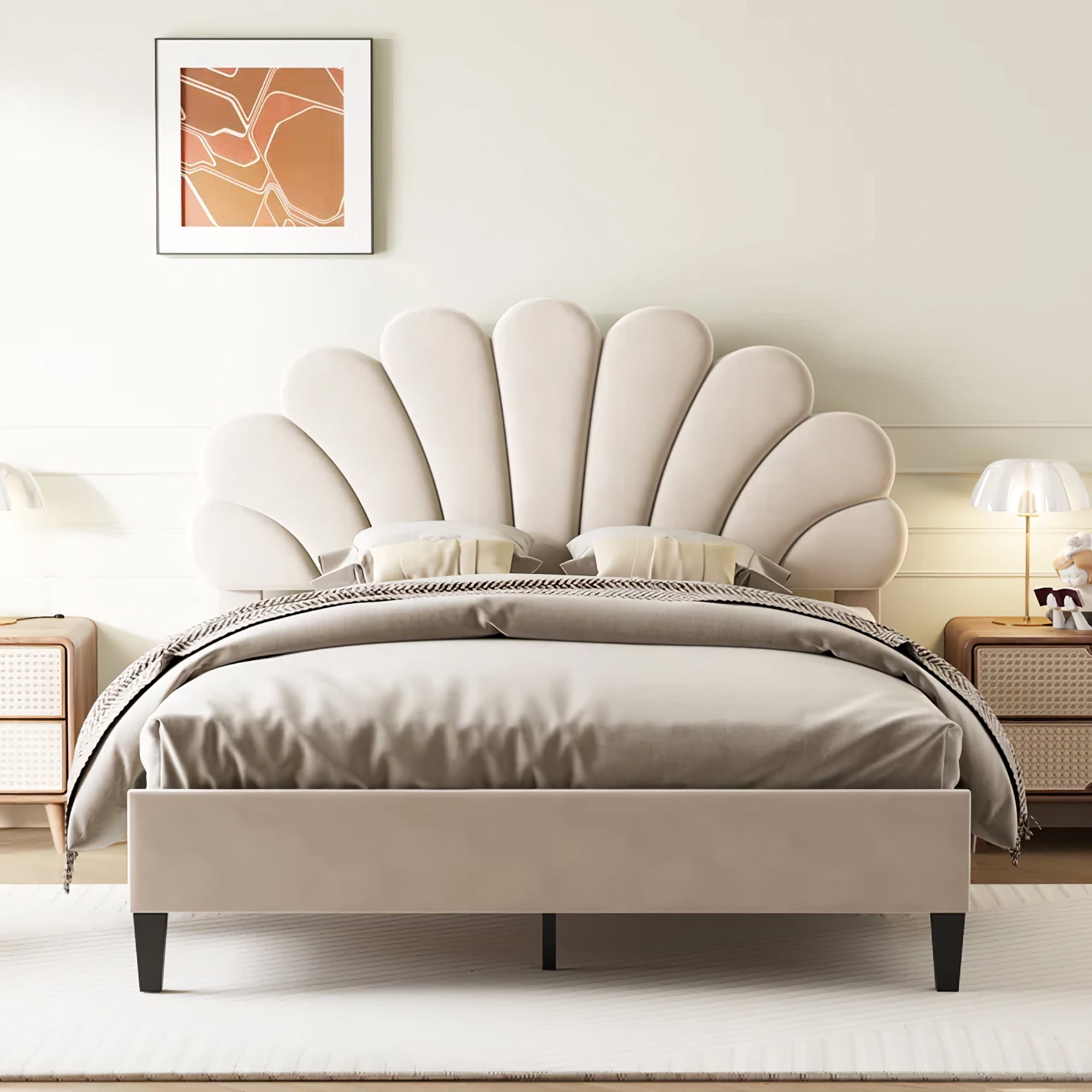 Aukfa Full Bed Frame with Flower Upholstered Headboard, Wood Slats Support, Beige
