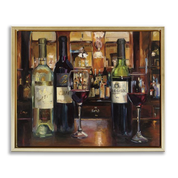 Stupell Industries Reflection of Wine Bottles Food & Beverage Painting Gold Floater Framed Canvas Art Print Wall Art, 21 x 17