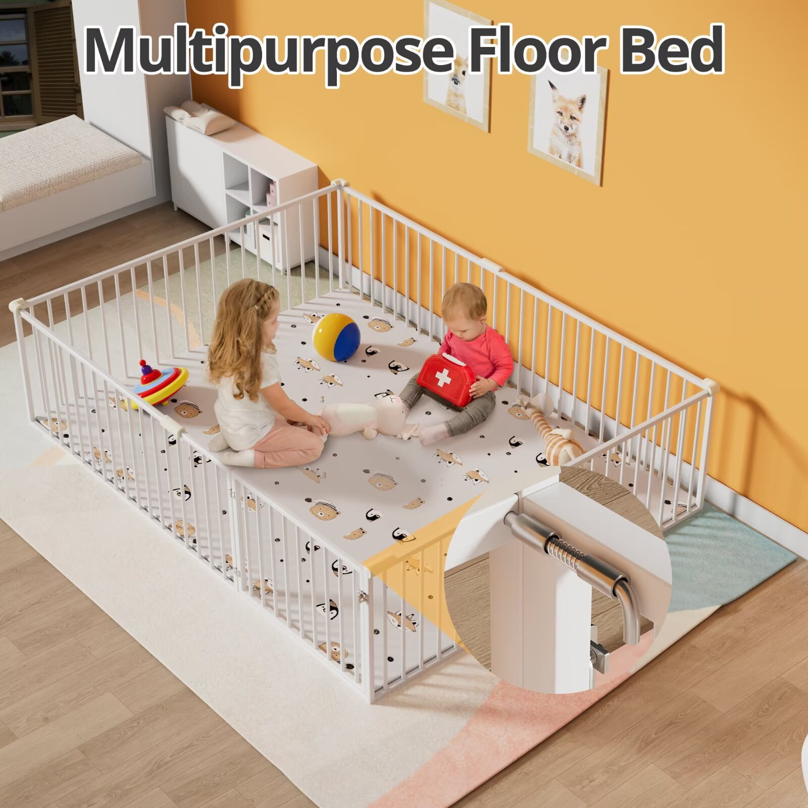 Queen Size Floor Bed, Metal Montessori Floor Bed Frame with 20.6" High Full-Length Fence and Door,No Slats, White