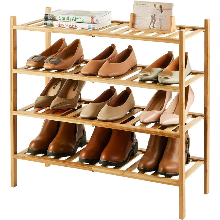 kiplant Black Long Shoe Rack, 3-Tier Bamboo Wood Shoe Rack for Entryway,  Stackable | Foldable | Natural, Shoe Organizer for Hallway Closet, Free