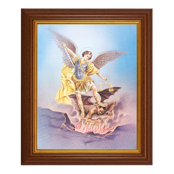 St. Michael Picture Framed Wall Art Decor, Large, Traditional Dark Walnut Fluted Frame with Gold Beaded Lip