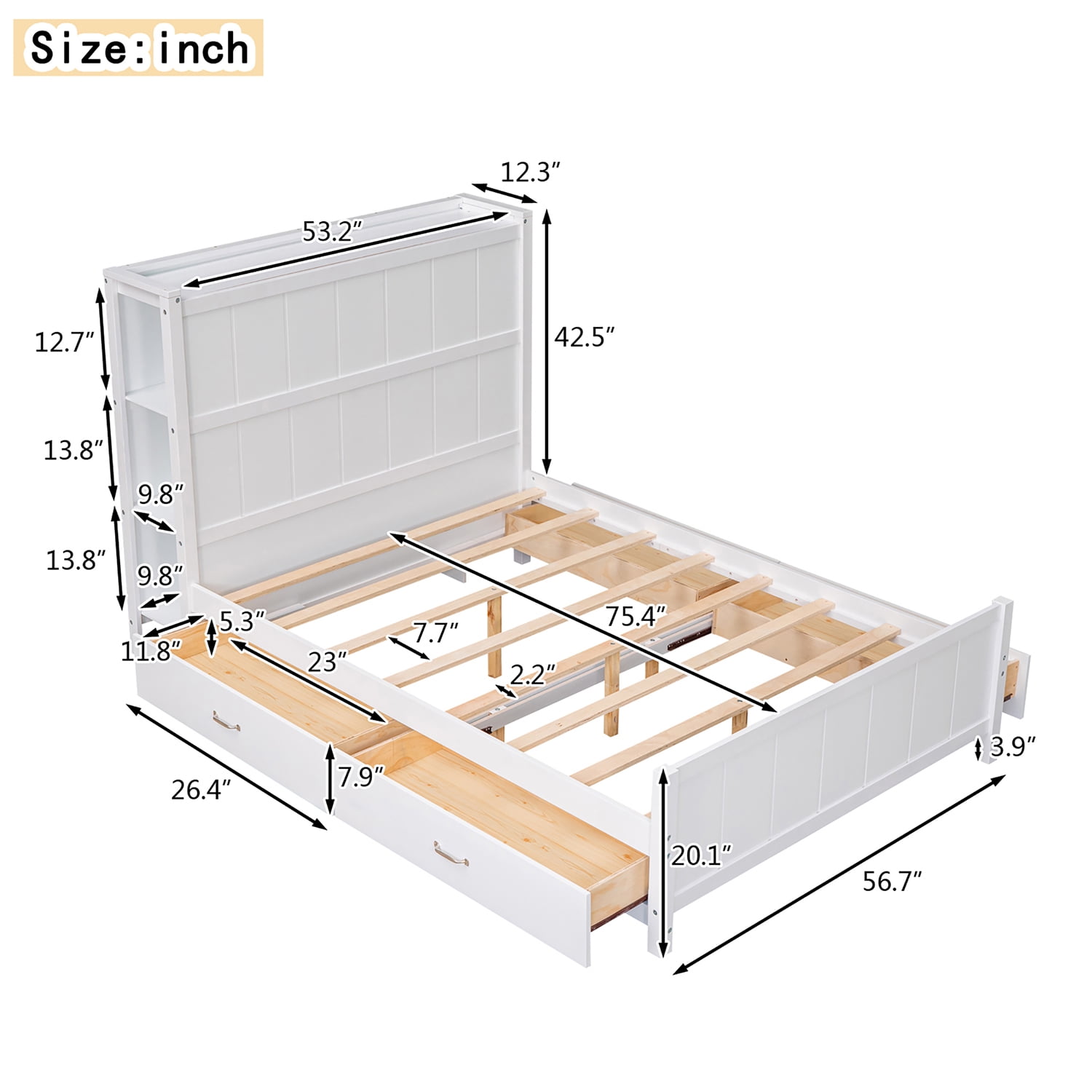 Kepooman Full Size Platform Bed Wood Bed Frame with Drawers and Storage Shelves, White Kepooman Full Size Platform Bed Wood Bed Frame with Drawers and Storage Shelves, White