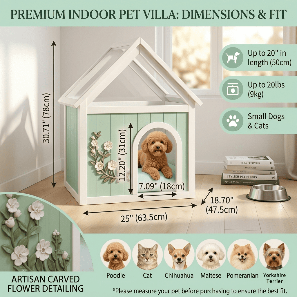 EcoLux FSC-Certified Solid Cedar Indoor Pet House – Acrylic Gabled Roof, Floral Carved Cat Furniture, Luxury Dog House Indoor for Small Dogs & Cats