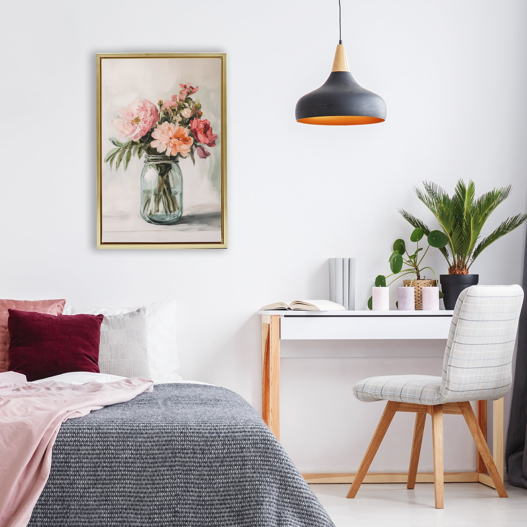 Stupell Industries Pink Flower Stems in Jar Gold Framed Floater Canvas Wall Art, design by Petal Prints Design