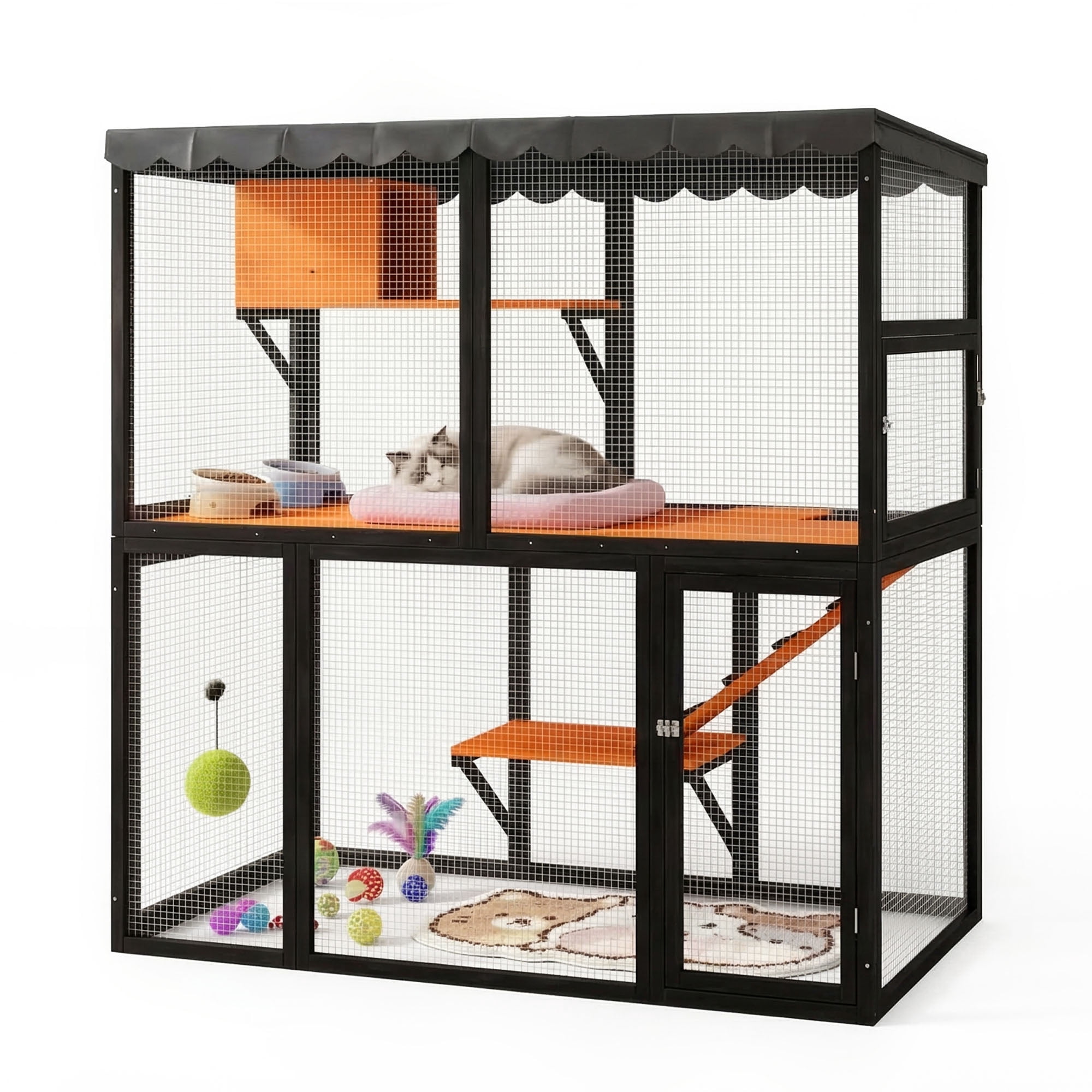 CQSXDA Large Wooden Cat Enclosure with 4 Tier Design, Ramp, and Waterproof Cover for Outdoor Use for Multiple Cats