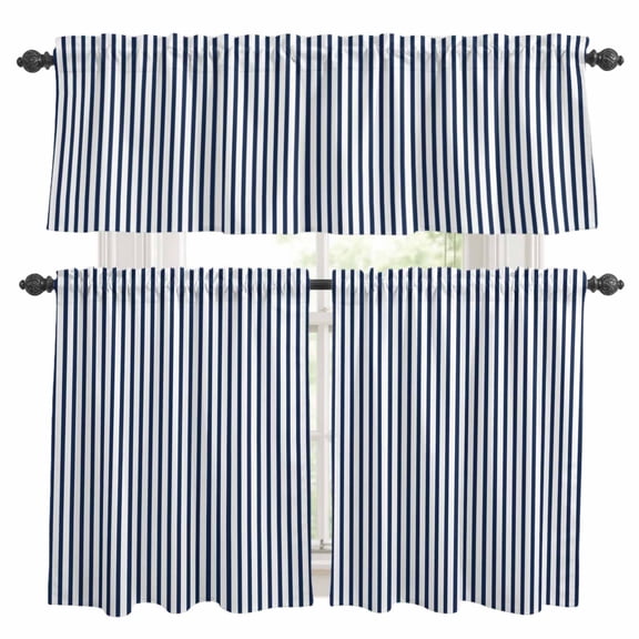Navy Blue Striped Kitchen Curtains Valances 3 Piece Set, Modern Stripes Farmhouse Rustic Simple Rod Pocket Tier Curtain and Valance Drapes for Small Window 36 Inch Length for Bedroom Cafe