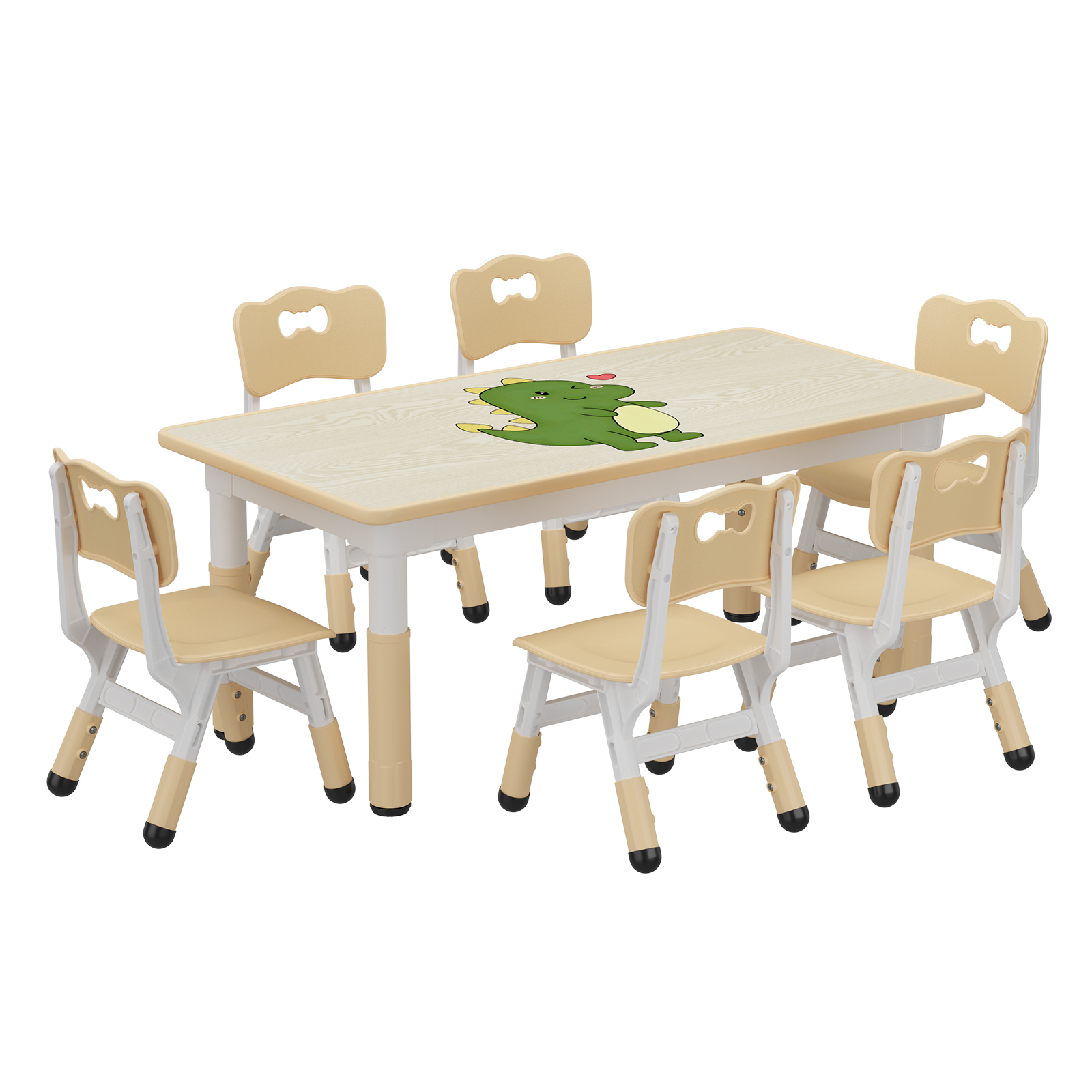 Kids Table and 6 Chairs Set, Height Adjustable Toddler Table and Chair Set, Graffiti Desktop, Children Study Table for 6 for Home Daycare Preschool for Ages 2-10