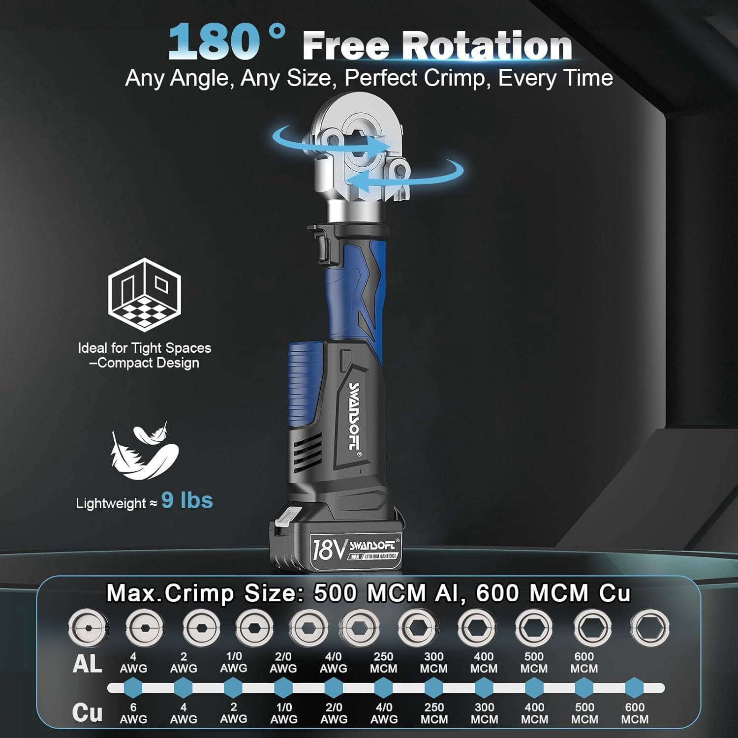 SWANSOFT Electric Hydraulic Crimping Tool,  Battery Cable Lug Crimping Tool Kit 600B