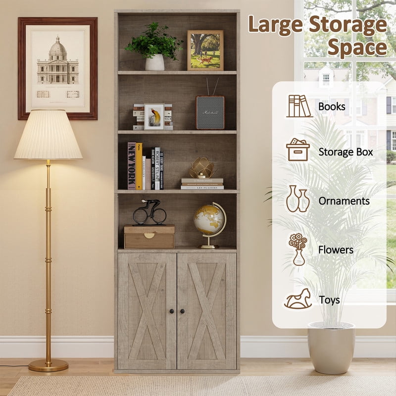 Walsunny Bookcase with Doors, 6-Tier Bookshelf with Storage, Farmhouse Bookshelves with Cabinet, Storage Display Shelf for Living Room Home Office, Gray