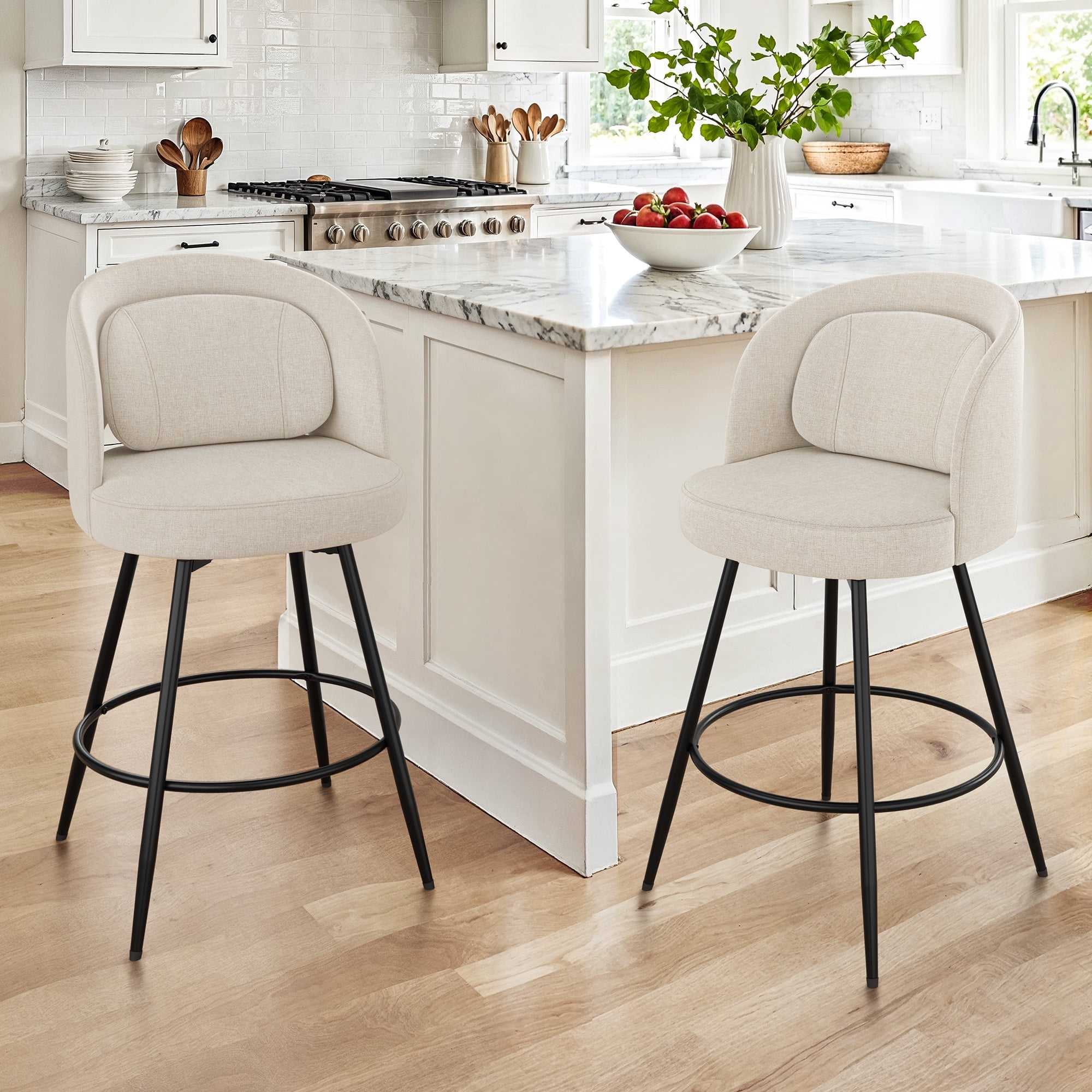 Carolayne 26.5" Swivel Bar Stools Set of 2, Modern Fabric Counter Height Bar stools with Back & Removable Cushion for Kitchen Island, Linen Color