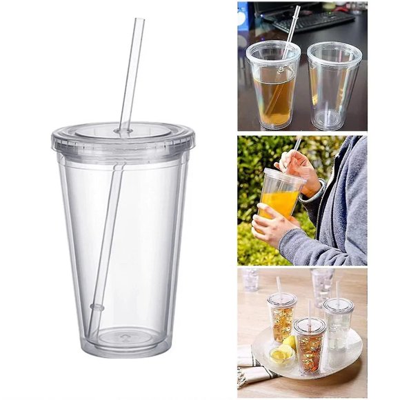 Plastic Cup Travel Cup With Straw, Double Walled Plastic Sealed Cup Transparent Drinking Cup For Fruit Juice Smoothie