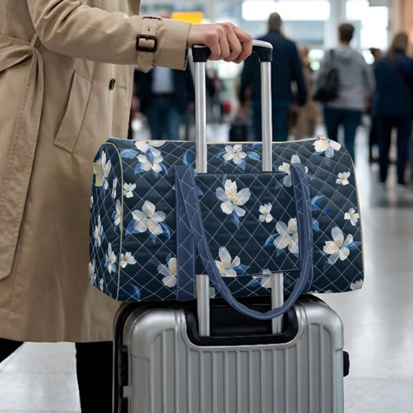 Chririnla Blue & White Floral Print Polyester Duffle Bag for Travel Women Casual Overnight with Carry On Size & Separate Compartment Ideal for Flight