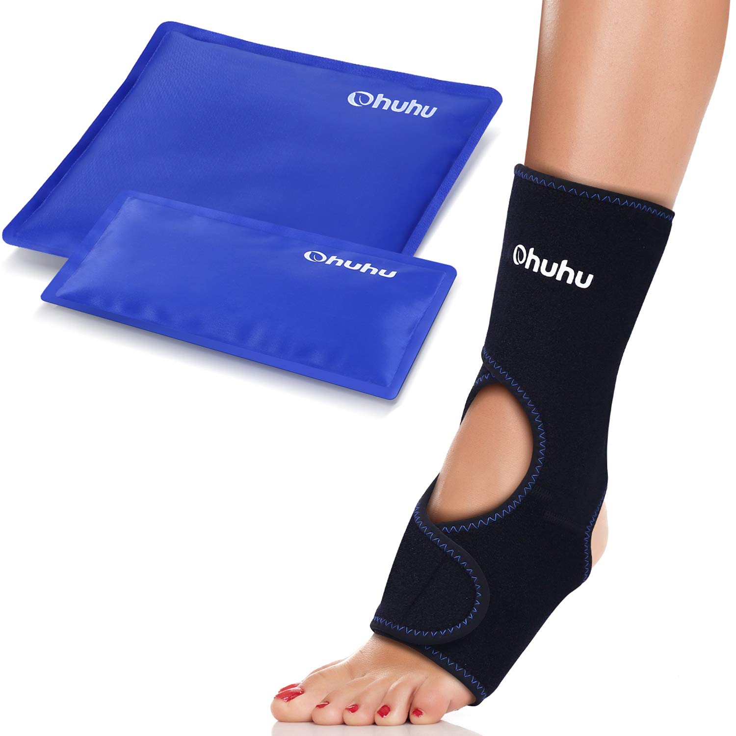 2Pack Hot Cold Gel Ice Packs with Foot & Ankle Ice Wrap of Ohuhu